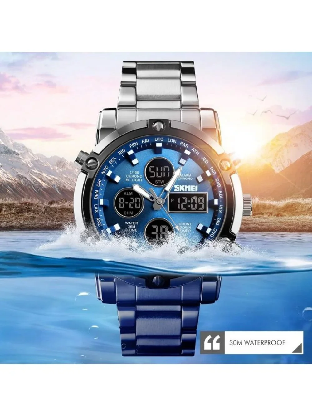Men’s Silver Blue Analog-Digital Stainless Steel Large Face Chronograph Watch